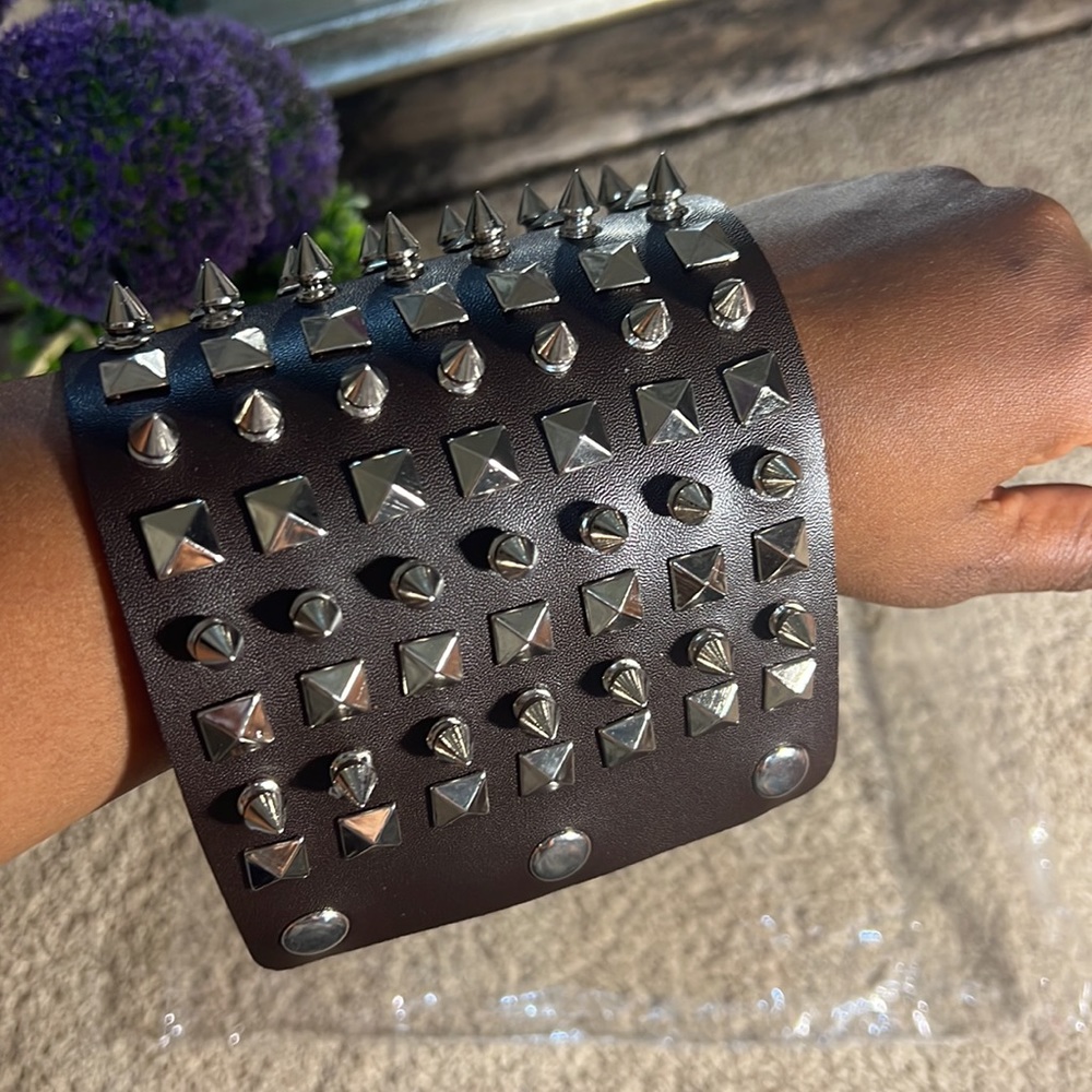 Unisex Punk Rock Biker Wide Strap Thick Leather Bracelet Made